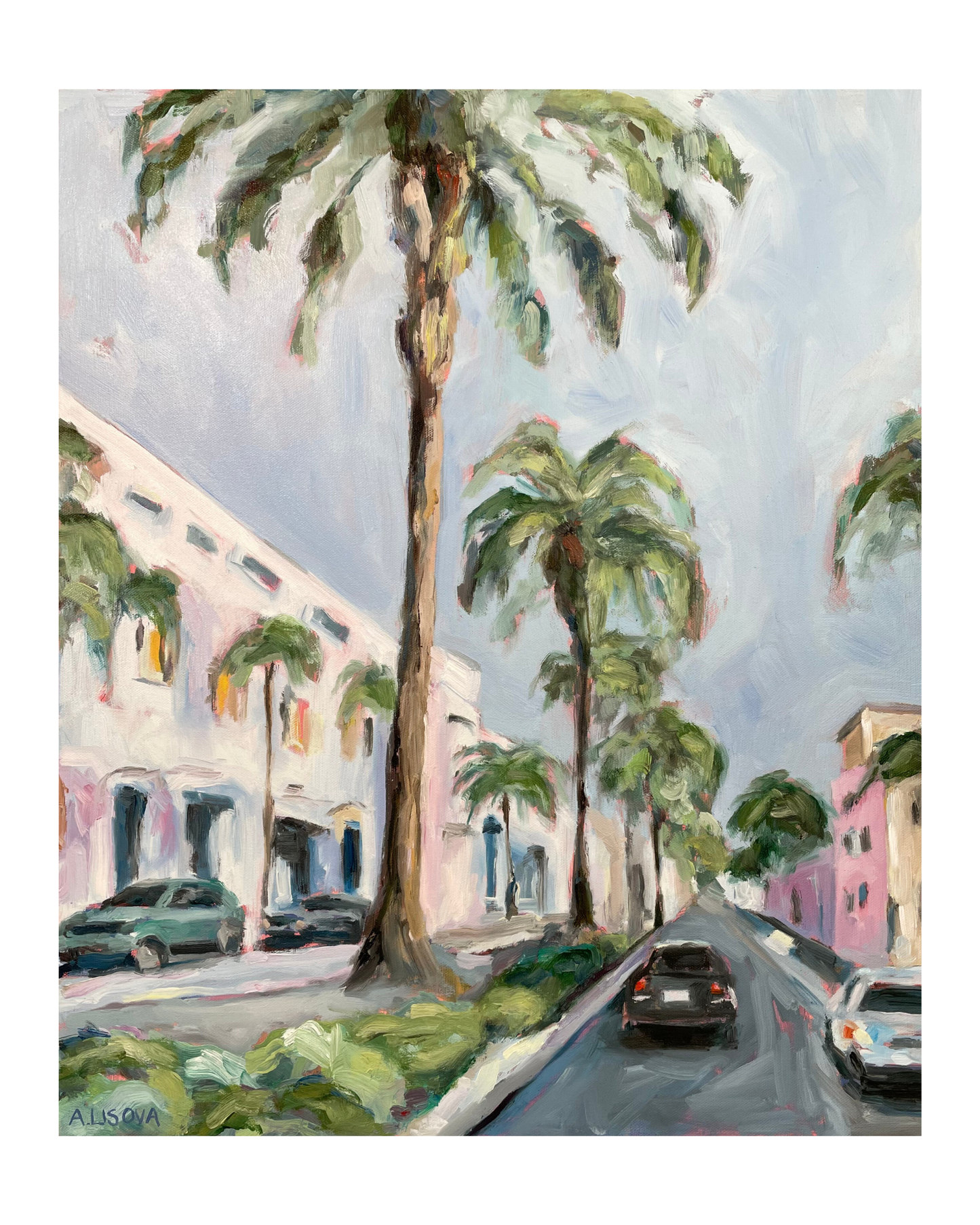 Fine art print of a street on Rodeo Drive, California, viewed from the roof of a car