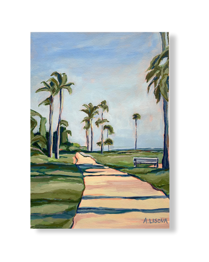 Painting of a tropical park with palm trees, a path, and a bench.