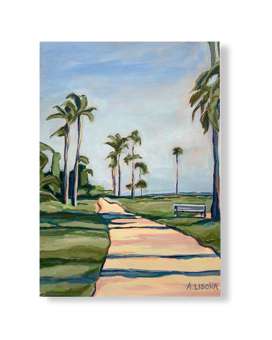 Painting of a tropical park with palm trees, a path, and a bench.