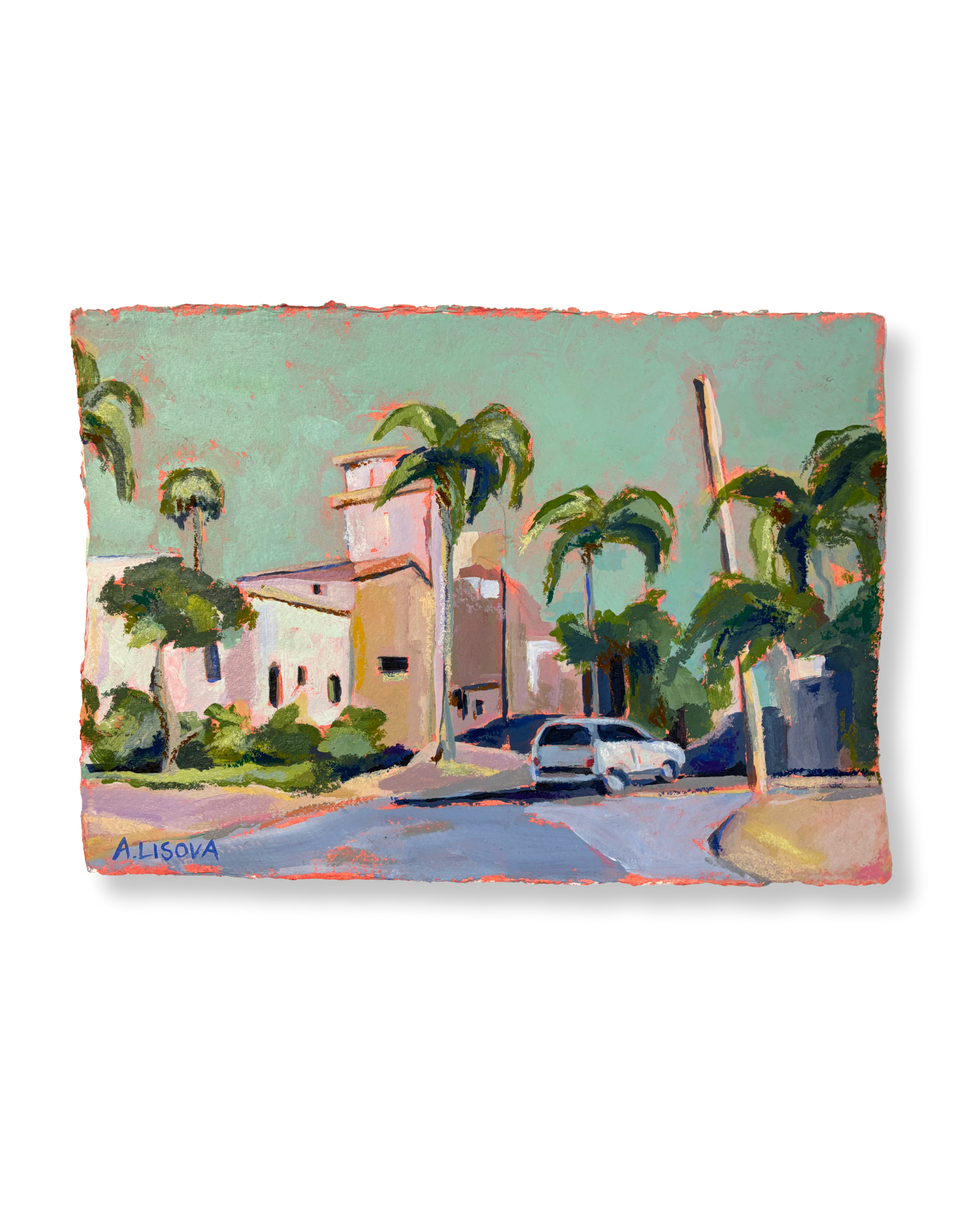 Painting of a street scene with palm trees and buildings