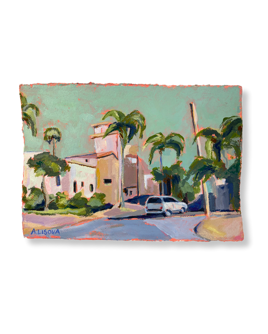 Painting of a street scene with palm trees and buildings
