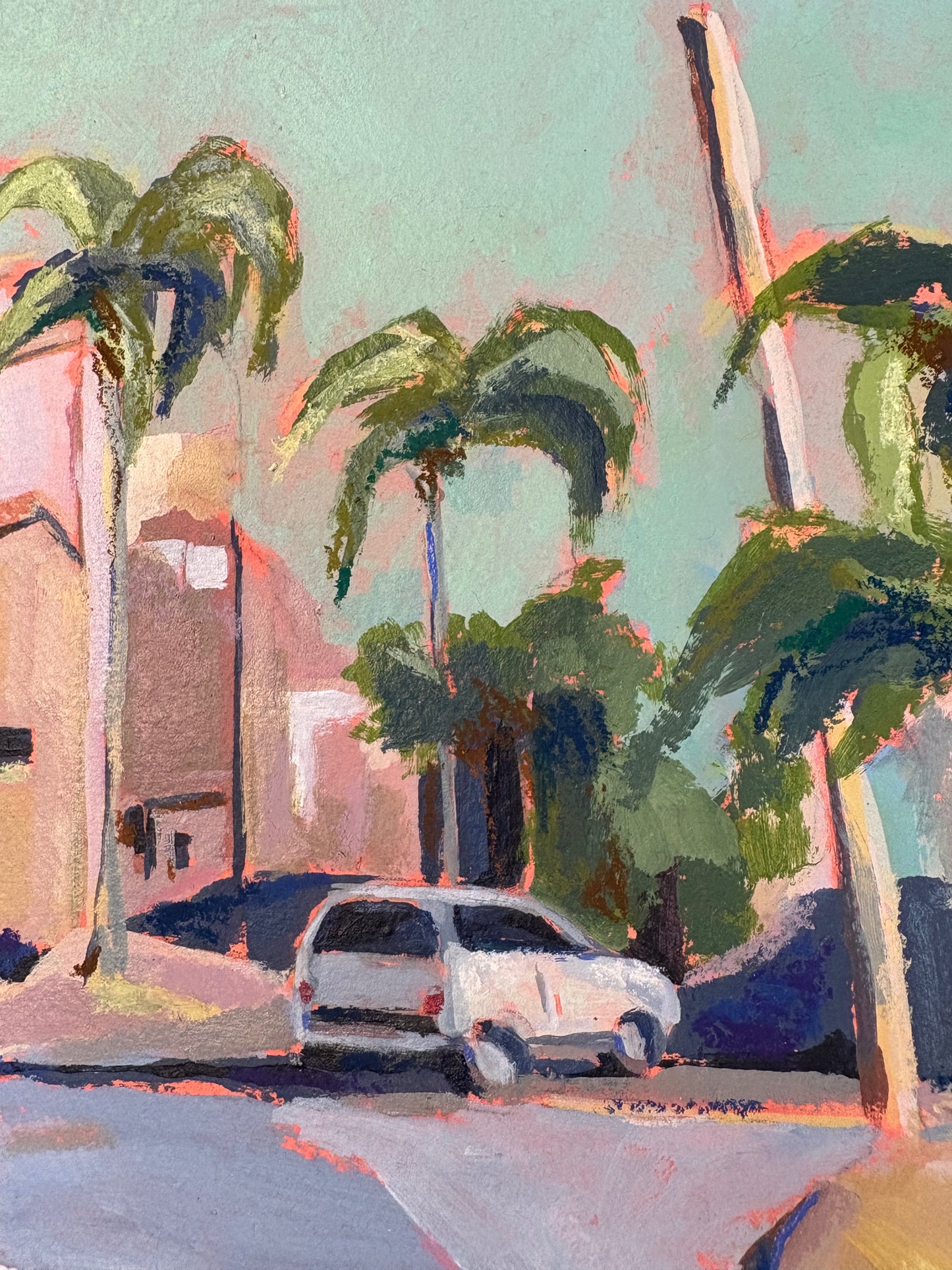 Close up details of a painting of a street scene with palm trees and a car.