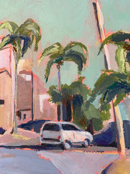 Close up details of a painting of a street scene with palm trees and a car.