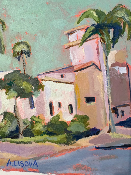 Painting of a building with palm trees and a clear sky