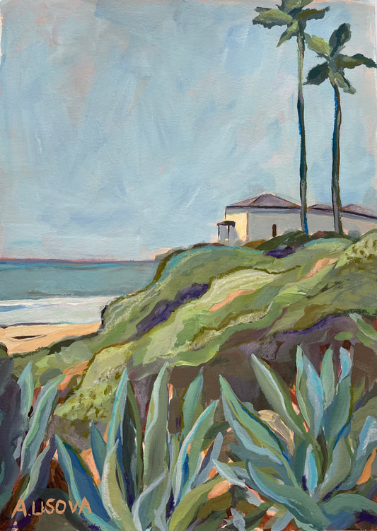 Painting of a coastal scene with a house, palm trees, and ocean.