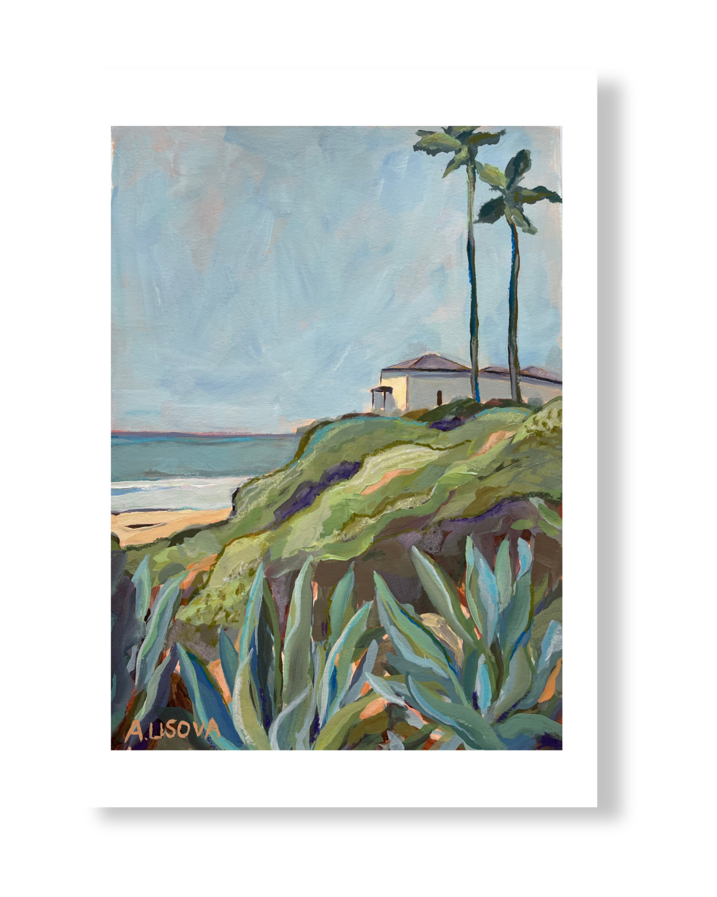 Fine art print of a coastal scene with a house, palm trees, and cacti.