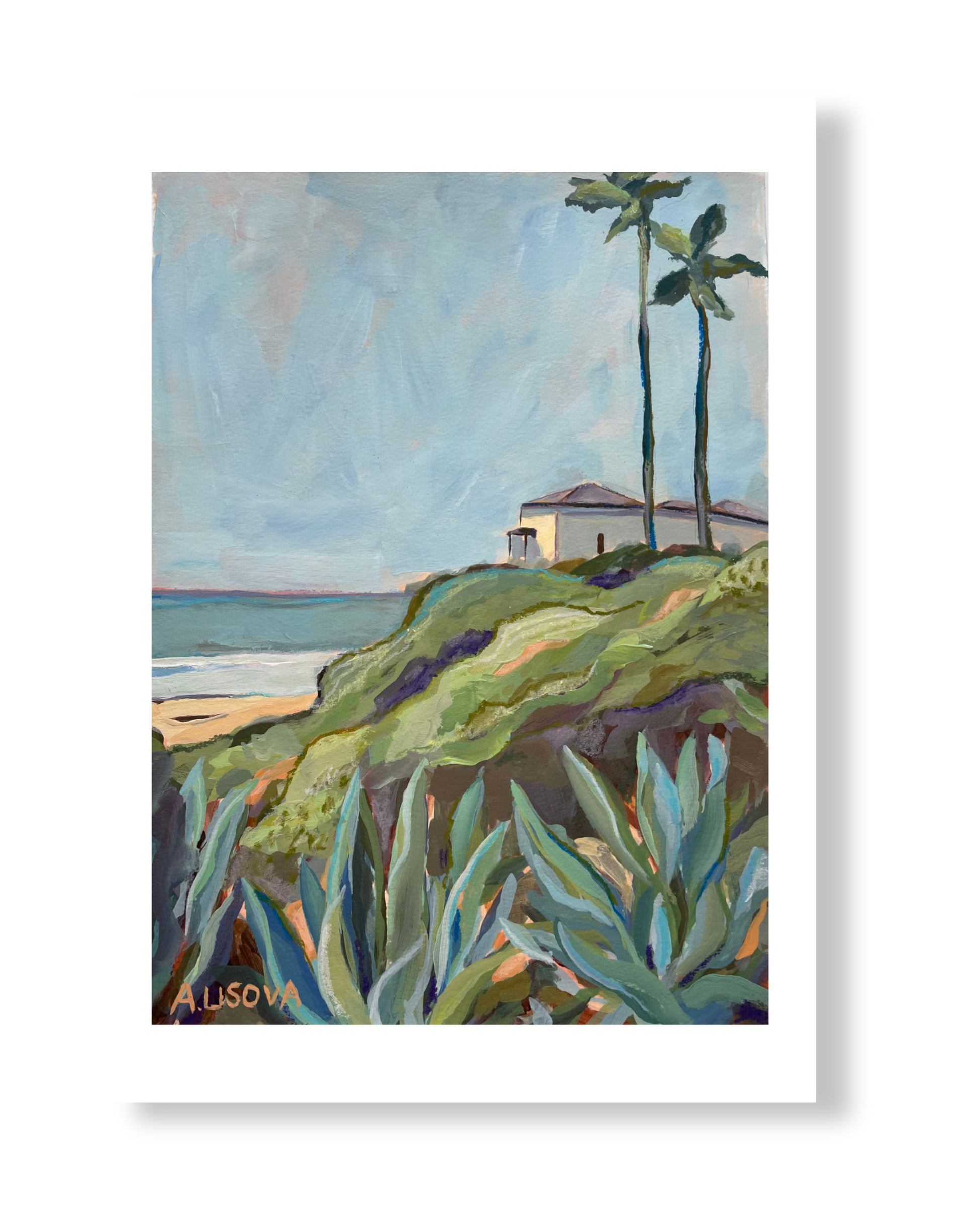 Fine art print of a coastal scene with a house, palm trees, and cacti.