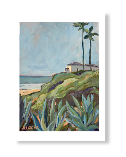 Fine art print of a coastal scene with a house, palm trees, and cacti.