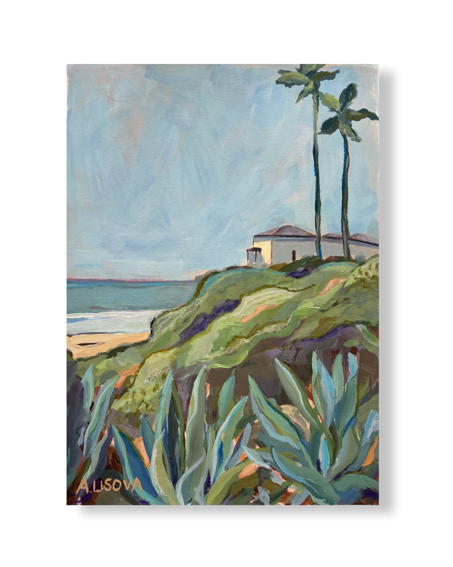 Painting of a coastal scene with a house, palm trees, and ocean.
