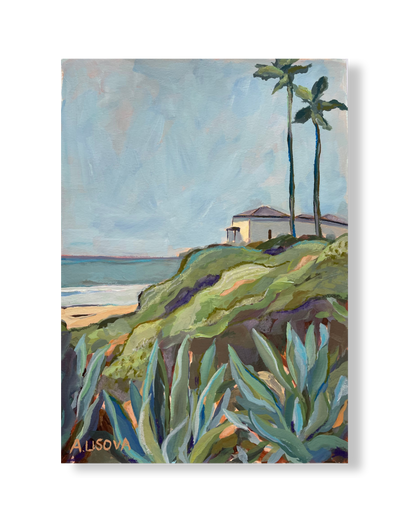 Painting of a coastal scene with a house, palm trees, and ocean.
