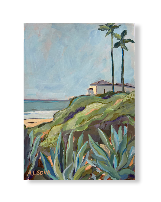 Painting of a coastal scene with a house, palm trees, and ocean.