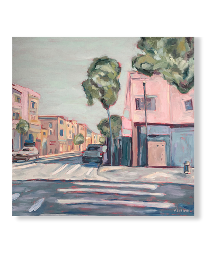 Painting of a San Francisco street scene with buildings and trees