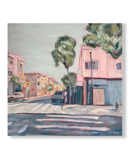 Painting of a San Francisco street scene with buildings and trees