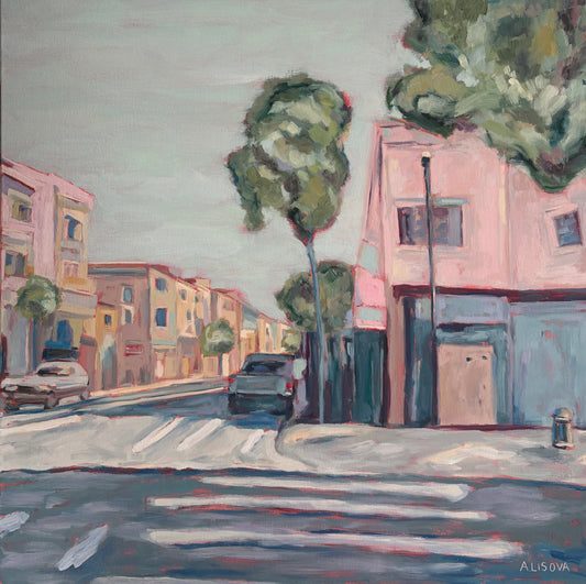 Painting of a San Francisco street scene with buildings, trees, and cars.