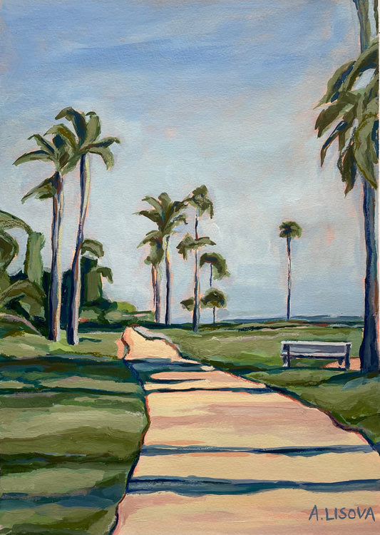 Painting of a pathway lined with palm trees and a bench, signed A. Lisova.