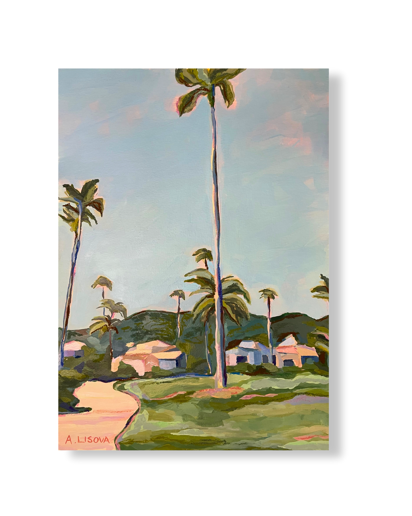 Painting of a tropical landscape with palm trees and houses.