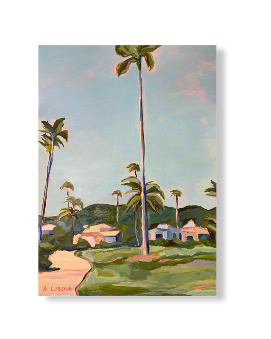 Painting of a tropical landscape with palm trees and houses.