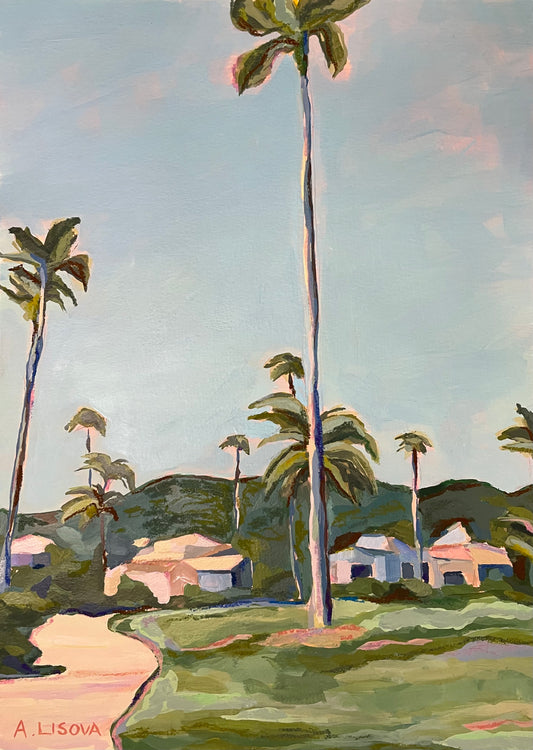 Painting of palm trees and houses with a clear sky