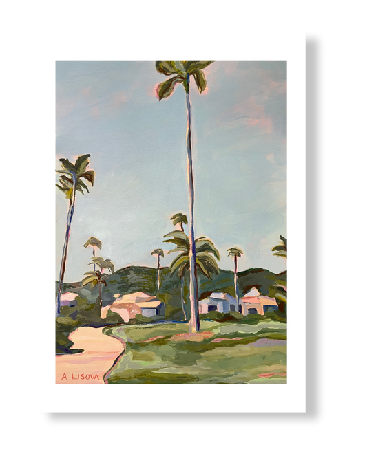 Painting of a tropical landscape with palm trees and houses.