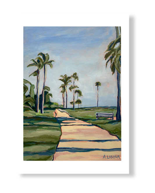 Painting of a beachside path, lined with palm trees.