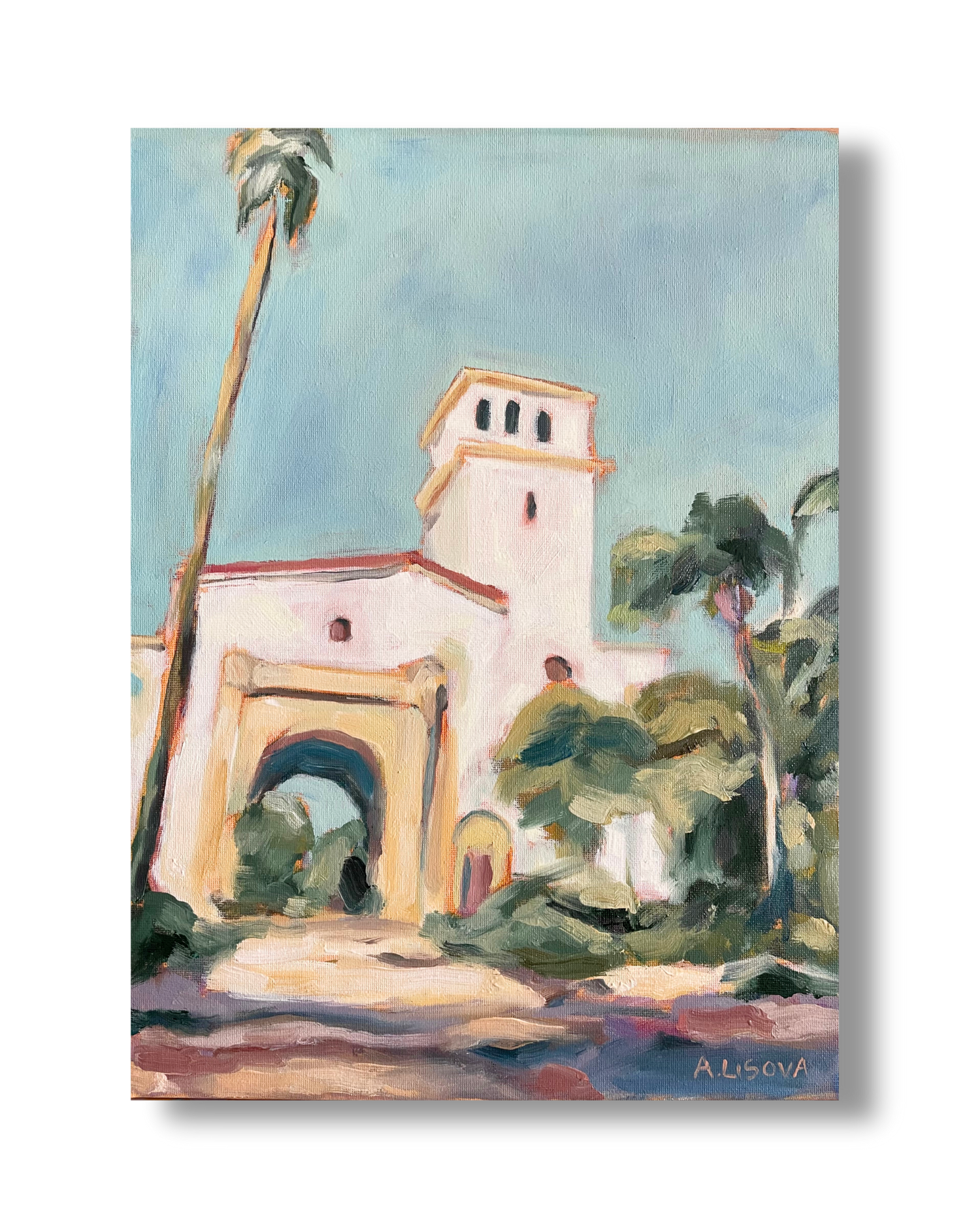 Painting of a architectural structure with palm trees and a blue sky