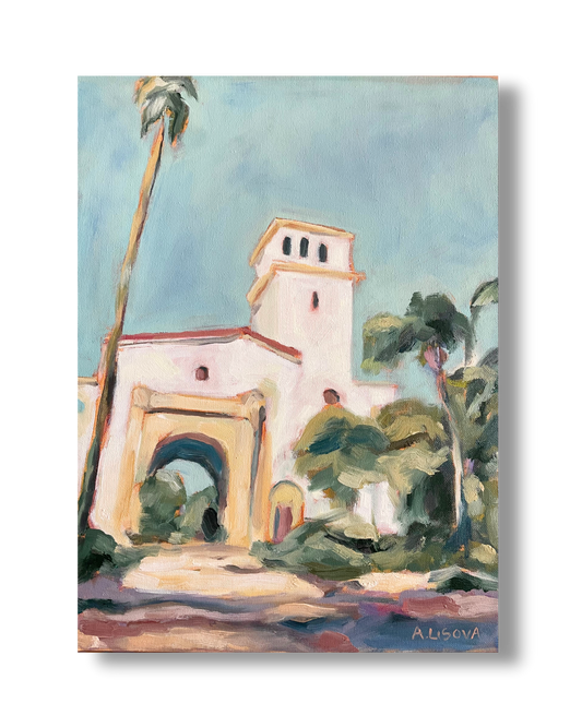 Painting of a architectural structure with palm trees and a blue sky