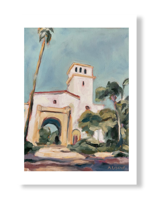 Painting of a architectural structure with palm trees and a clear sky