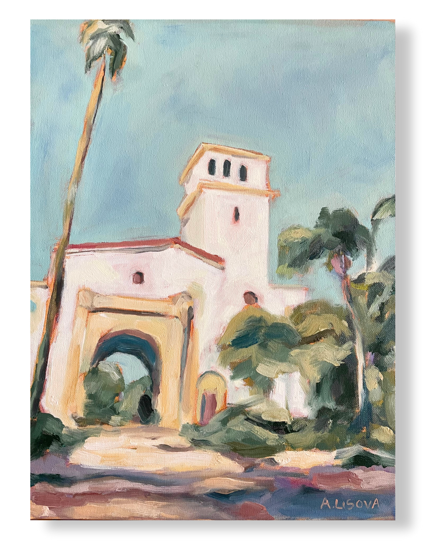 Painting of a architectural structure with palm trees and greenery