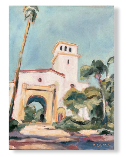 Painting of a architectural structure with palm trees and greenery