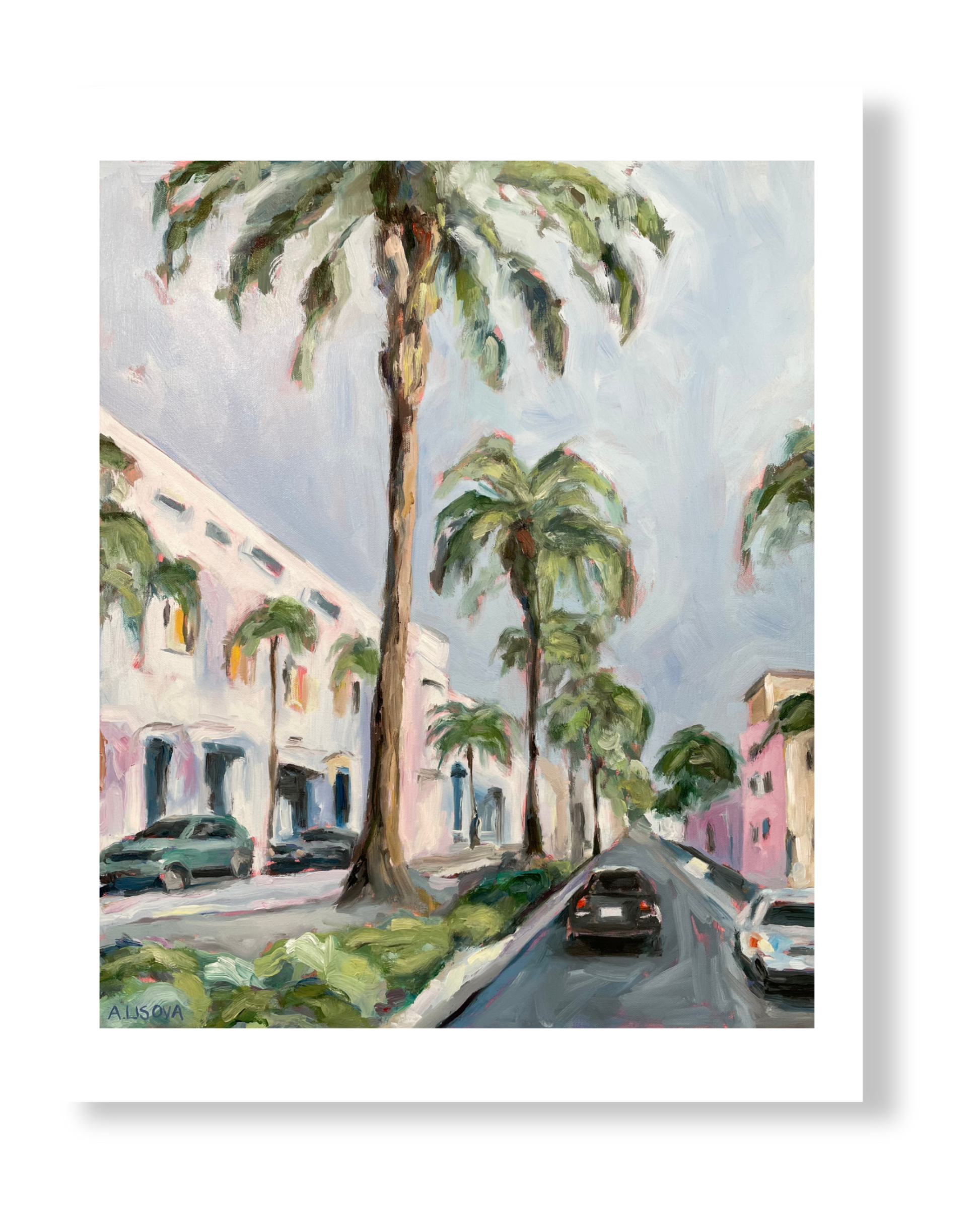 Fine art print of a street on Rodeo Drive, California, viewed from the roof of a car