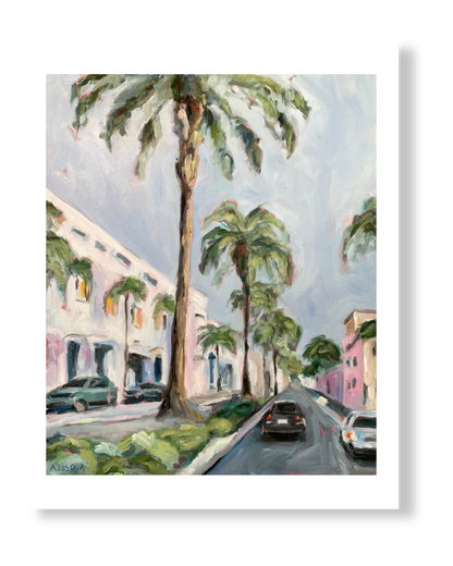 Fine art print of a street on Rodeo Drive, California, viewed from the roof of a car