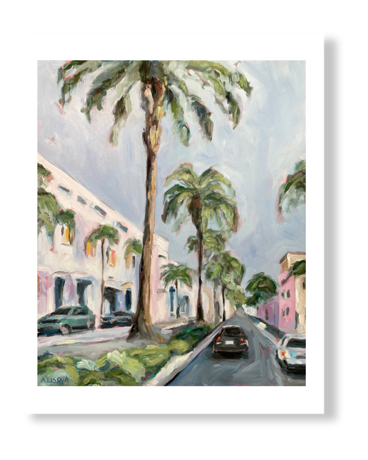 Fine art print of a street on Rodeo Drive, California, viewed from the roof of a car