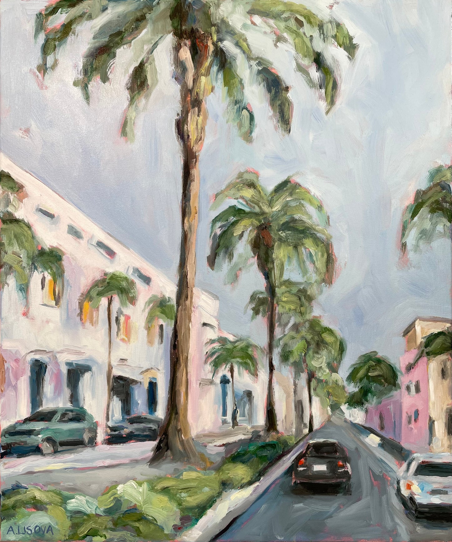 Painting of a street scene with palm trees and colorful buildings.