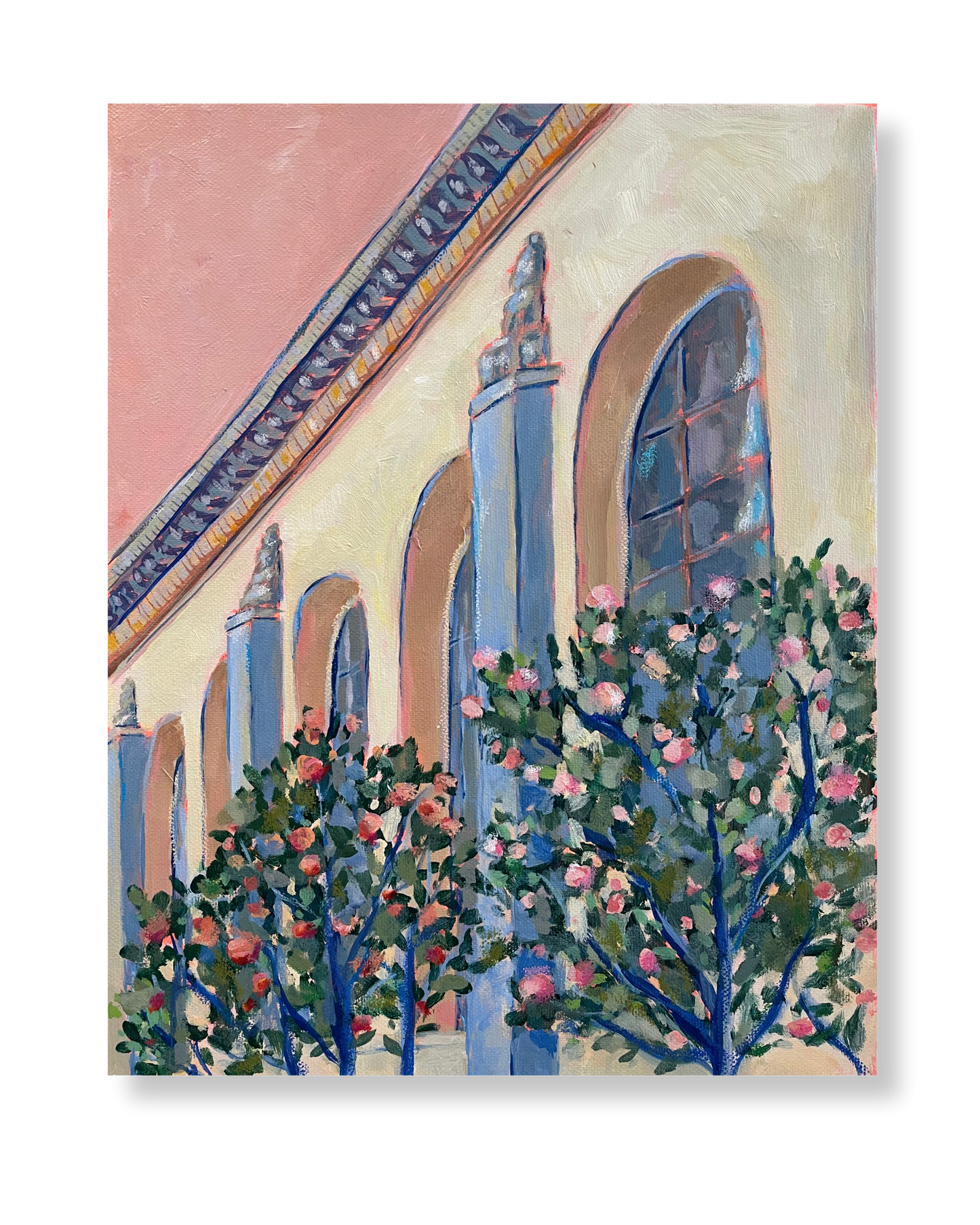 Painting of a building facade with floral elements