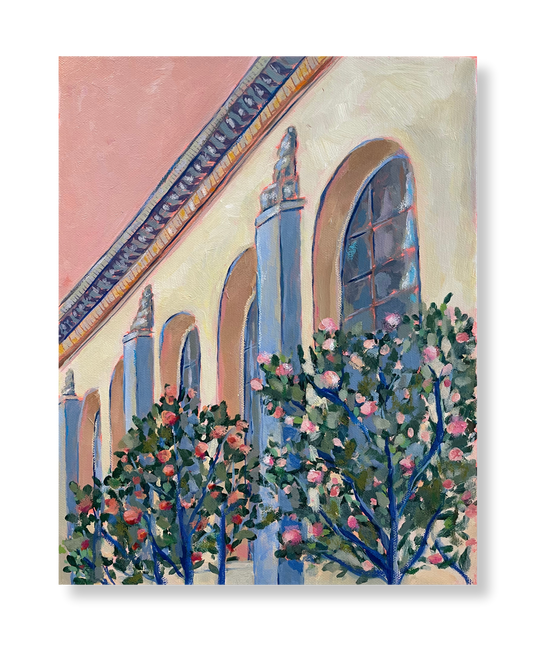 Painting of a building facade with floral elements