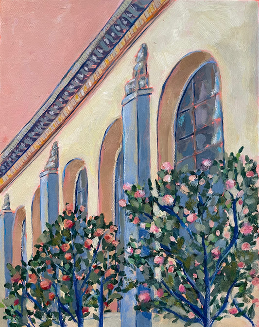 Artistic depiction of a building facade with floral elements