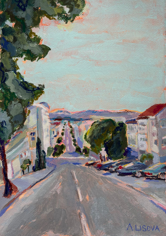 Painting of a street scene with buildings, trees, and a clear sky.