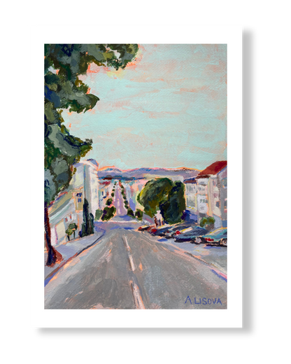 Fine art print of a street scene with trees and buildings, signed 'A. Lisova'.