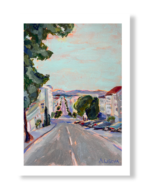 Fine art print of a street scene with trees and buildings, signed 'A. Lisova'.