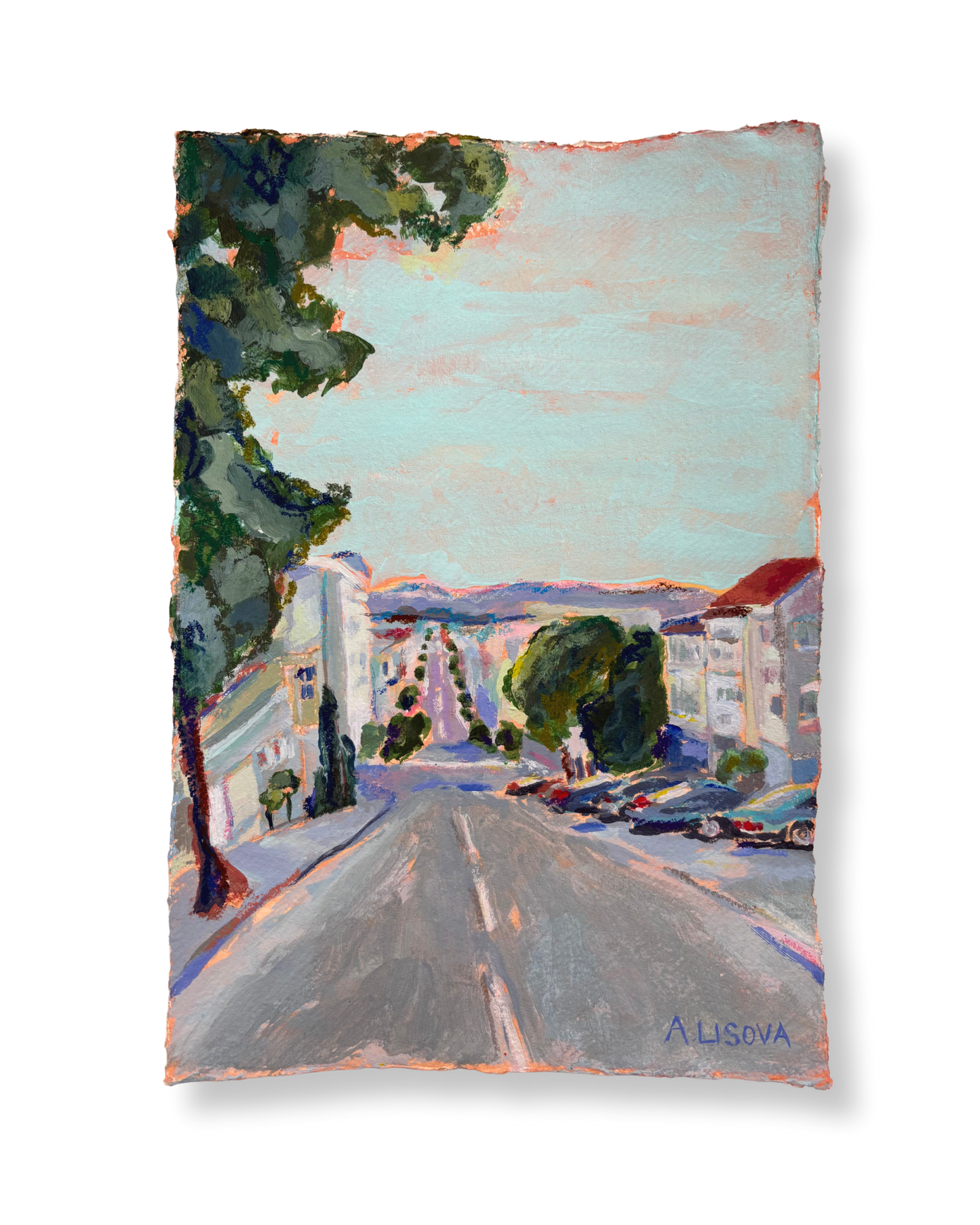 Painting of a street scene with trees and buildings, signed 'A. Lisova'.