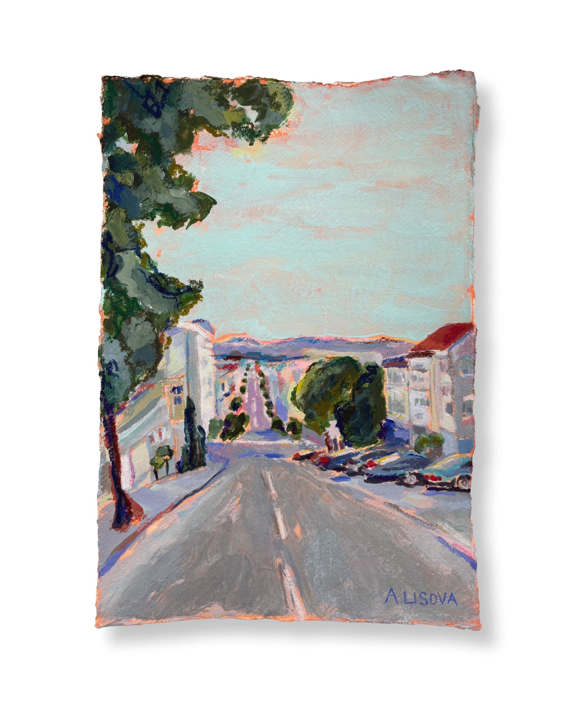 Painting of a street scene with trees and buildings, signed 'A. Lisova'.