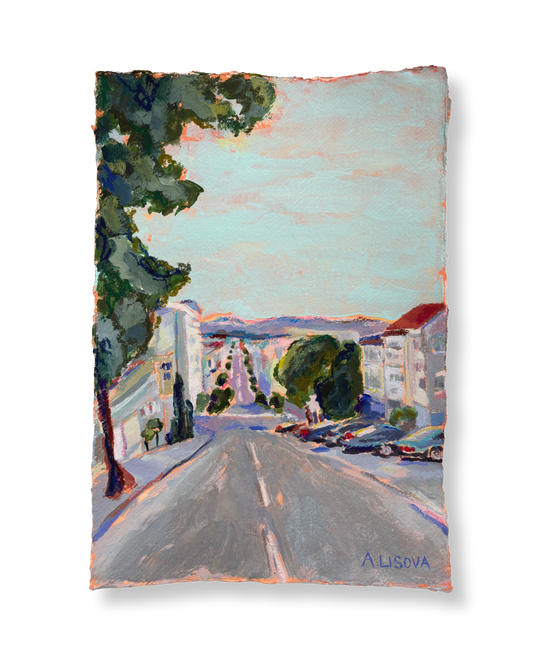 Painting of a street scene with trees and buildings, signed 'A. Lisova'.