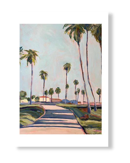 Painting of a palm tree-lined street with a clear sky.