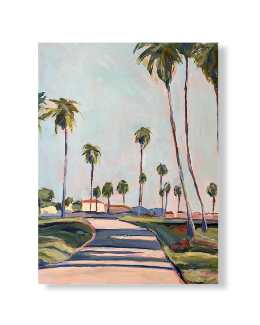Painting of a tropical landscape with palm trees and a path.