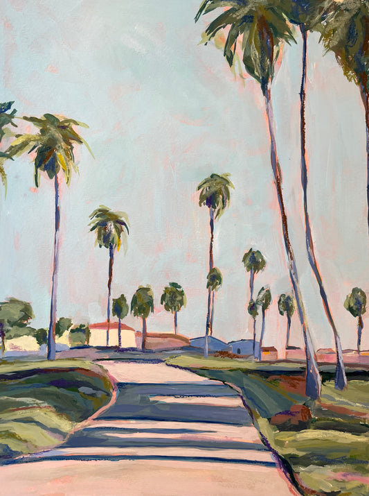 Painting of palm trees and a pathway under a light blue sky.