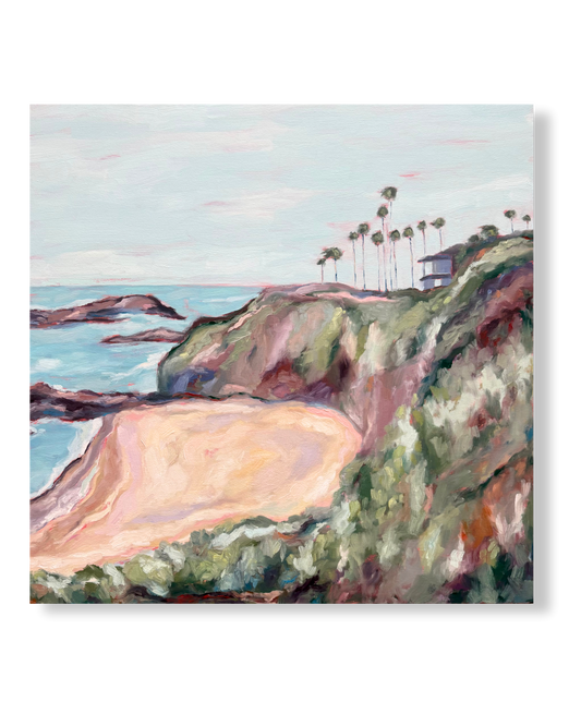 Painting of a coastal scene with cliffs, beach, and palm trees.